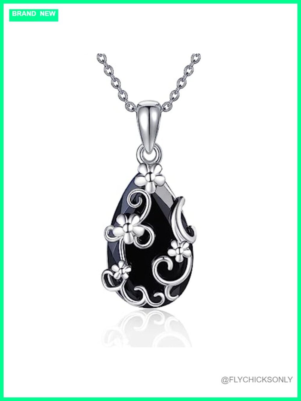 Natural Black Onyx Pendant Necklace 925 Sterling Silver Filigree Women's Jewelry